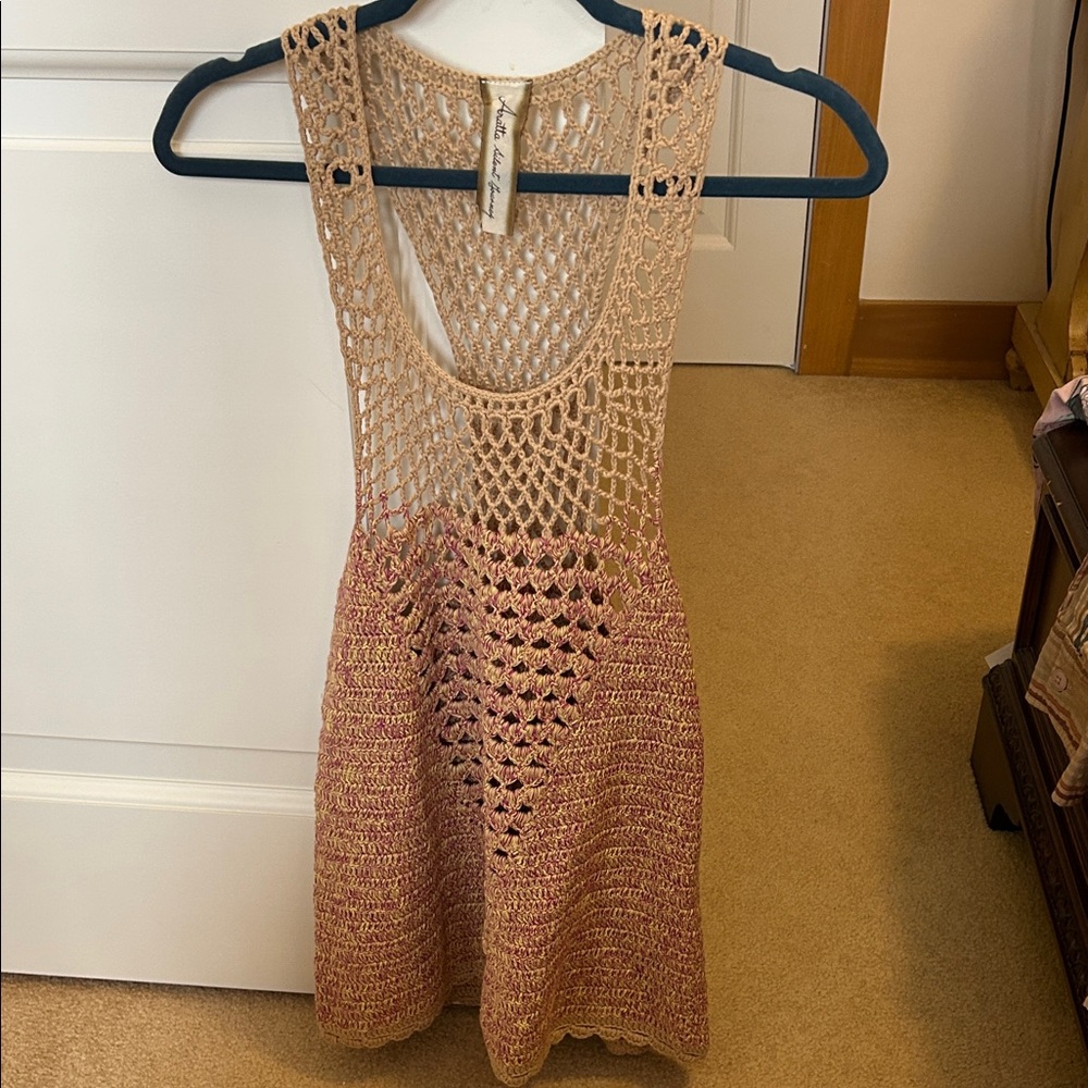 Aratta  open knit layering top. Raspberry and tan print combo